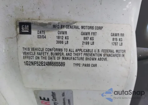 2004 Pontiac Grand Am Se1 z USA, uszkodzony, nr VIN 1G2NF52E24M665589